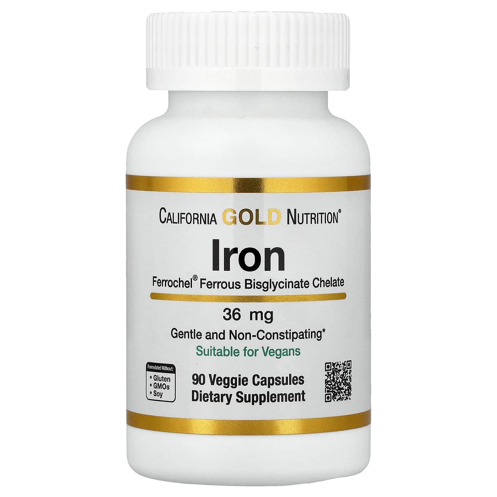 California Gold Nutrition, Ferrochel® Iron (Bisglycinate), 36 mg, 90 Veggie Capsules