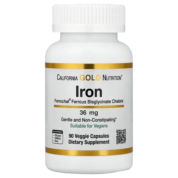 California Gold Nutrition, Ferrochel® Iron (Bisglycinate), 36 mg, 90 Veggie Capsules photo