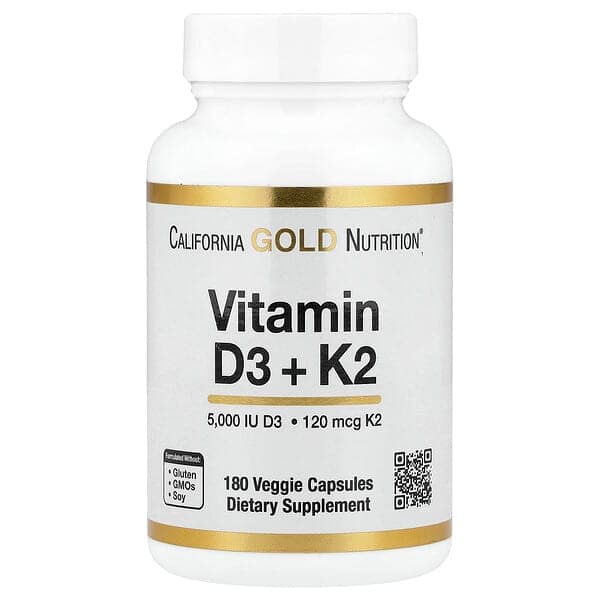 California Gold Nutrition, Vitamin D3 + K2 as MK-7, 180 Veggie Capsules photo