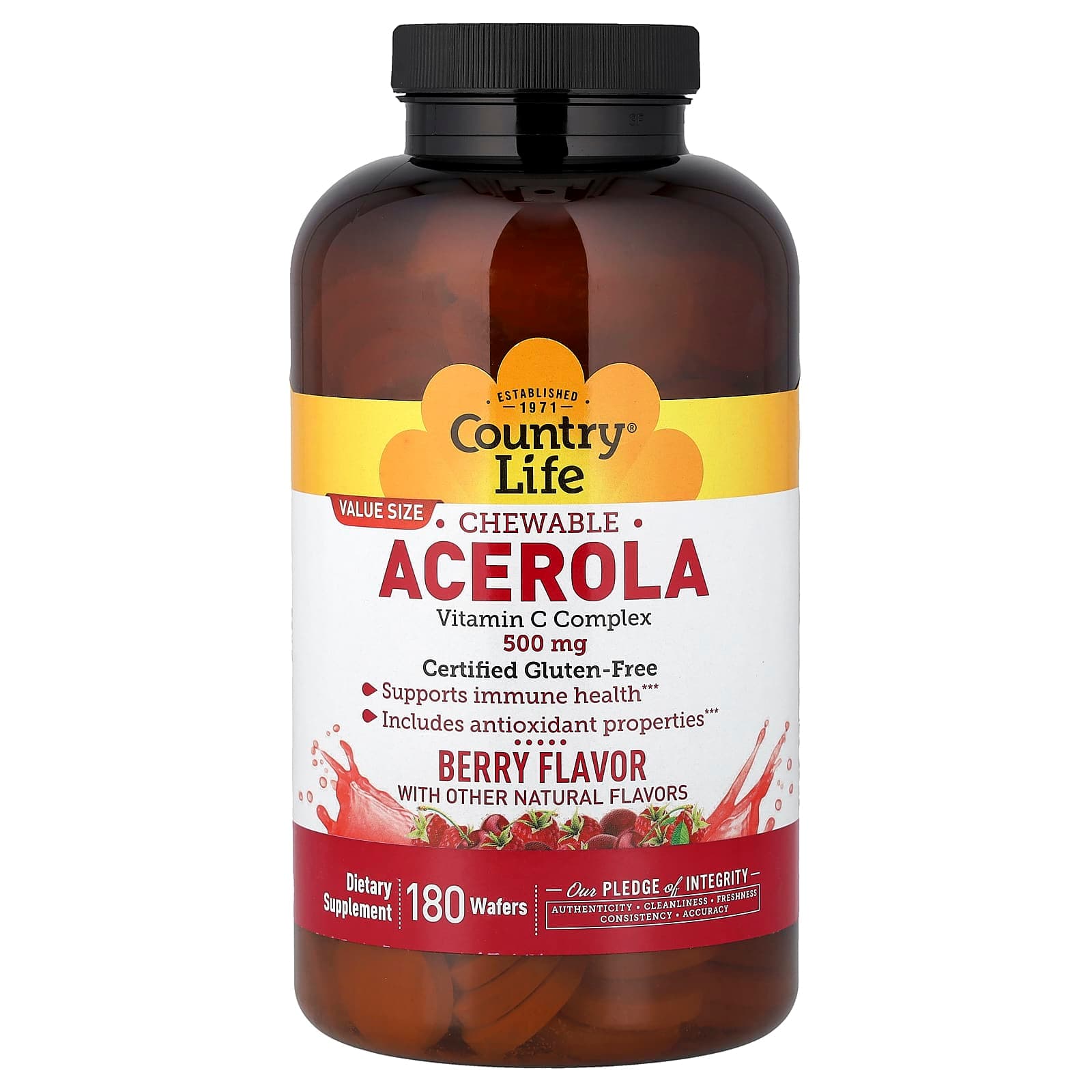 Country Life, Chewable Acerola, Vitamin C Complex, Berry, 180 Wafers