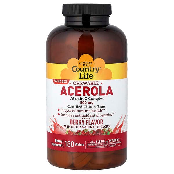 Country Life, Chewable Acerola, Vitamin C Complex, Berry, 180 Wafers photo