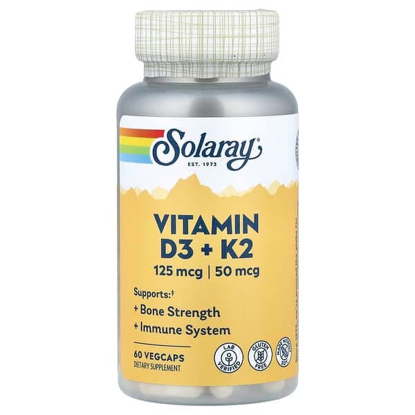 Solaray, Vitamin D3 + K2, 60 VegCaps photo