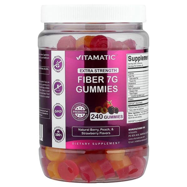 Vitamatic, Fiber Gummies, Natural Berry, Peach & Strawberry, 240 Gummies photo