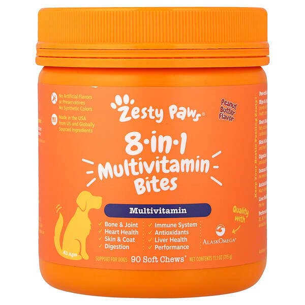 Zesty Paws, 8-in-1 Multivitamin Bites, For Dogs, All Ages, Peanut Butter, 90 Soft Chews, 11.1 oz (315 g) photo